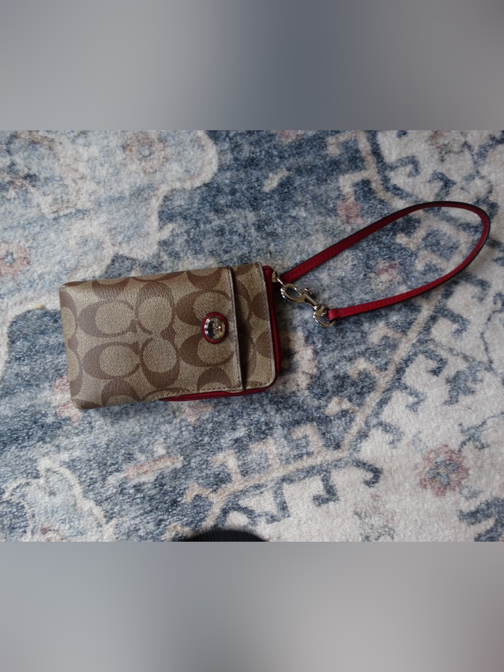 Coach Brown Signature Canvas Wristlet with Red Trim and Strap